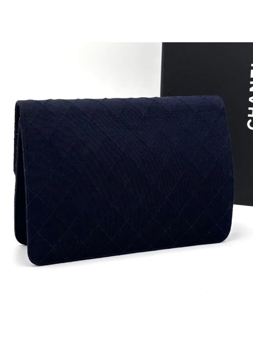 Chanel Quilted Cotton Chain Shoulder Bag Navy Gold